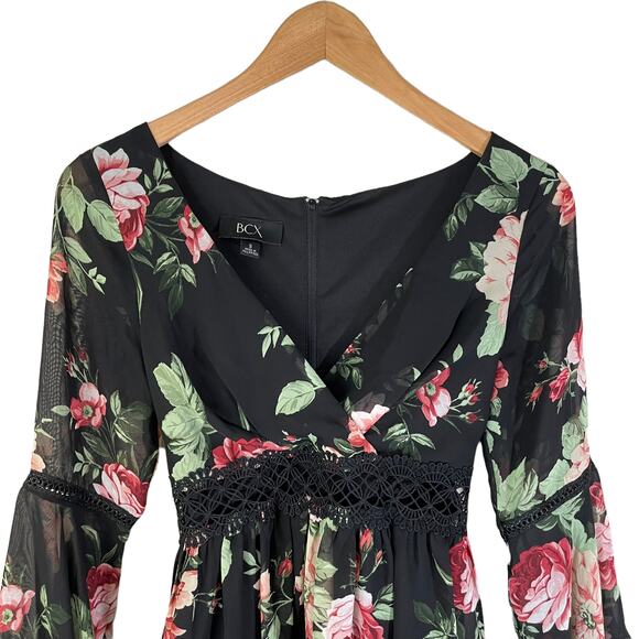 Y2K BCX Babydoll Sheer Bell Sleeve Floral Mini Dress Black Multi 3 Whimsigoth - Picture 3 of 12